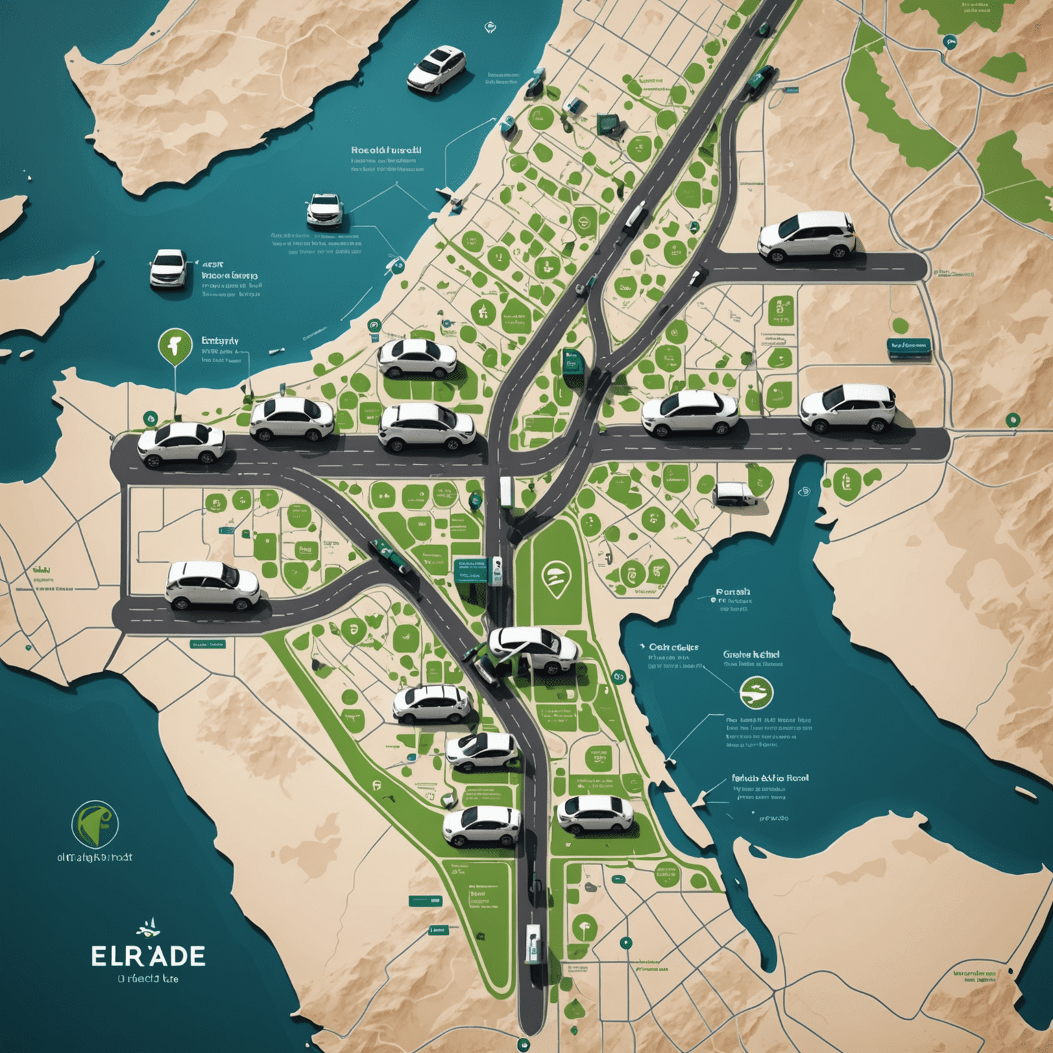 A map of the UAE showing multiple electric vehicle charging stations marked with Recharge Road logos. The map highlights new locations and expanded capacity areas.