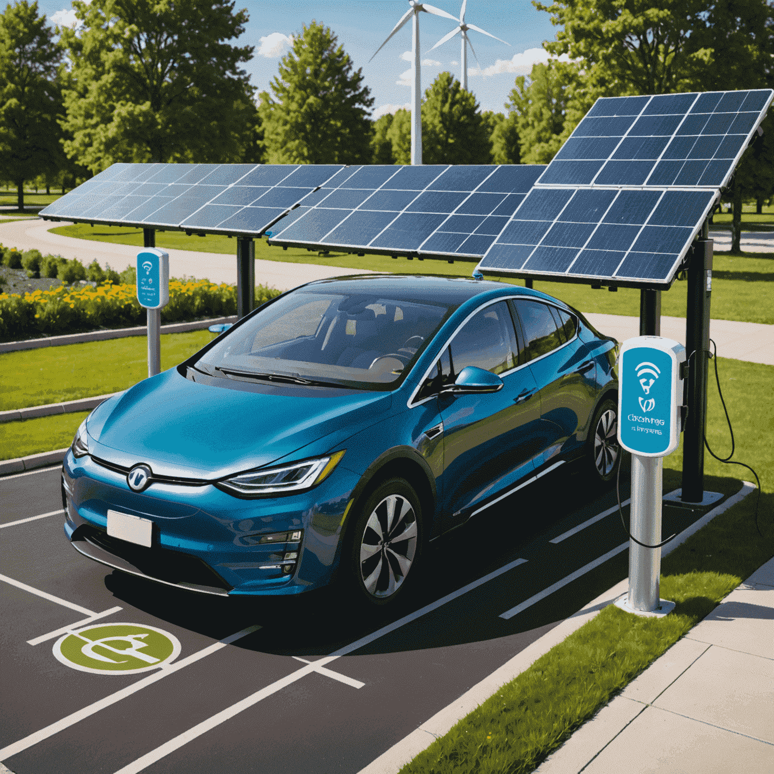 Solar panels and wind turbines powering electric vehicle charging stations, with Recharge Road logo prominently displayed