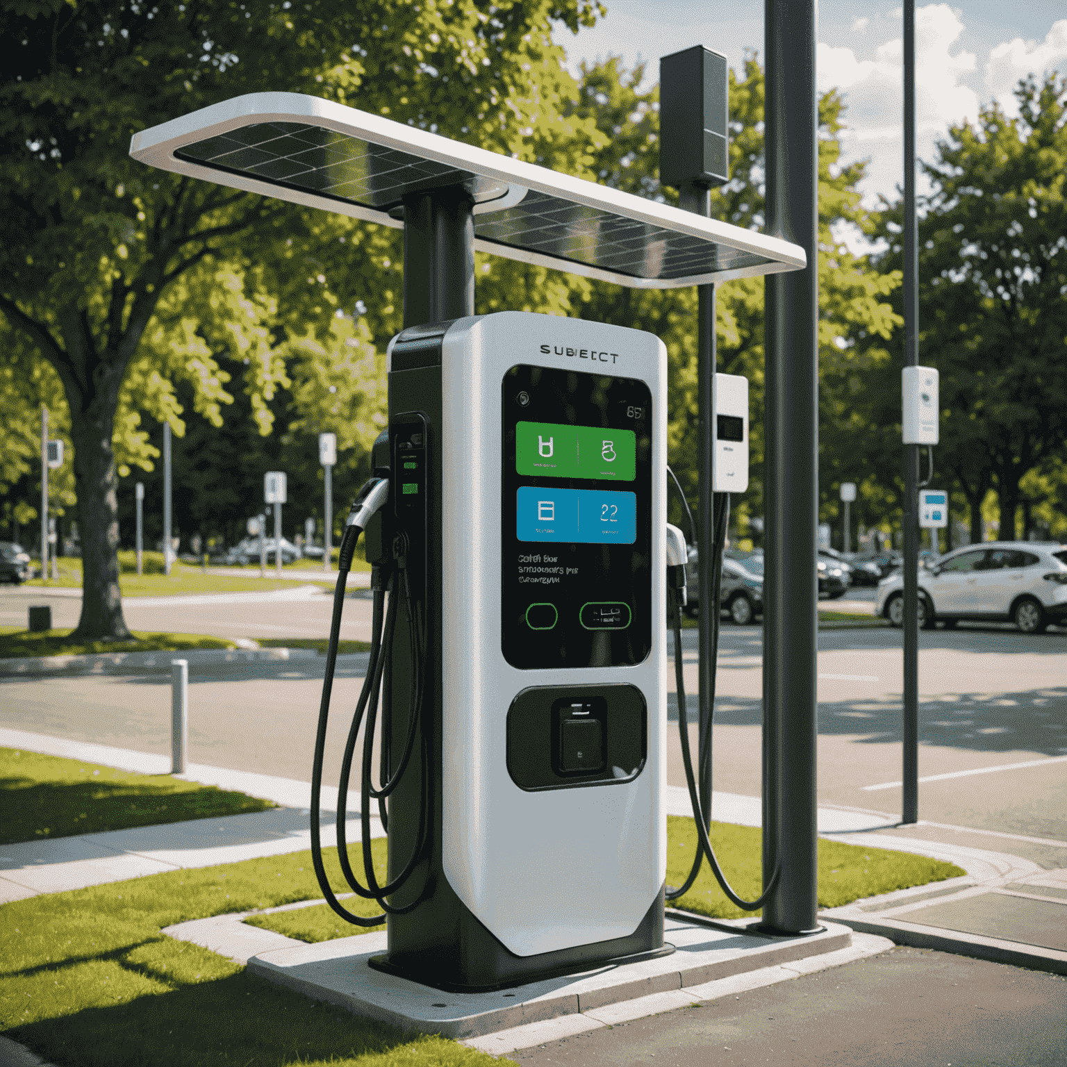 A modern electric vehicle charging station with sleek design, multiple charging ports, and a digital display showing charging status and energy consumption data. The station is situated in a well-lit area with solar panels visible nearby, symbolizing the integration of renewable energy in EV charging infrastructure.