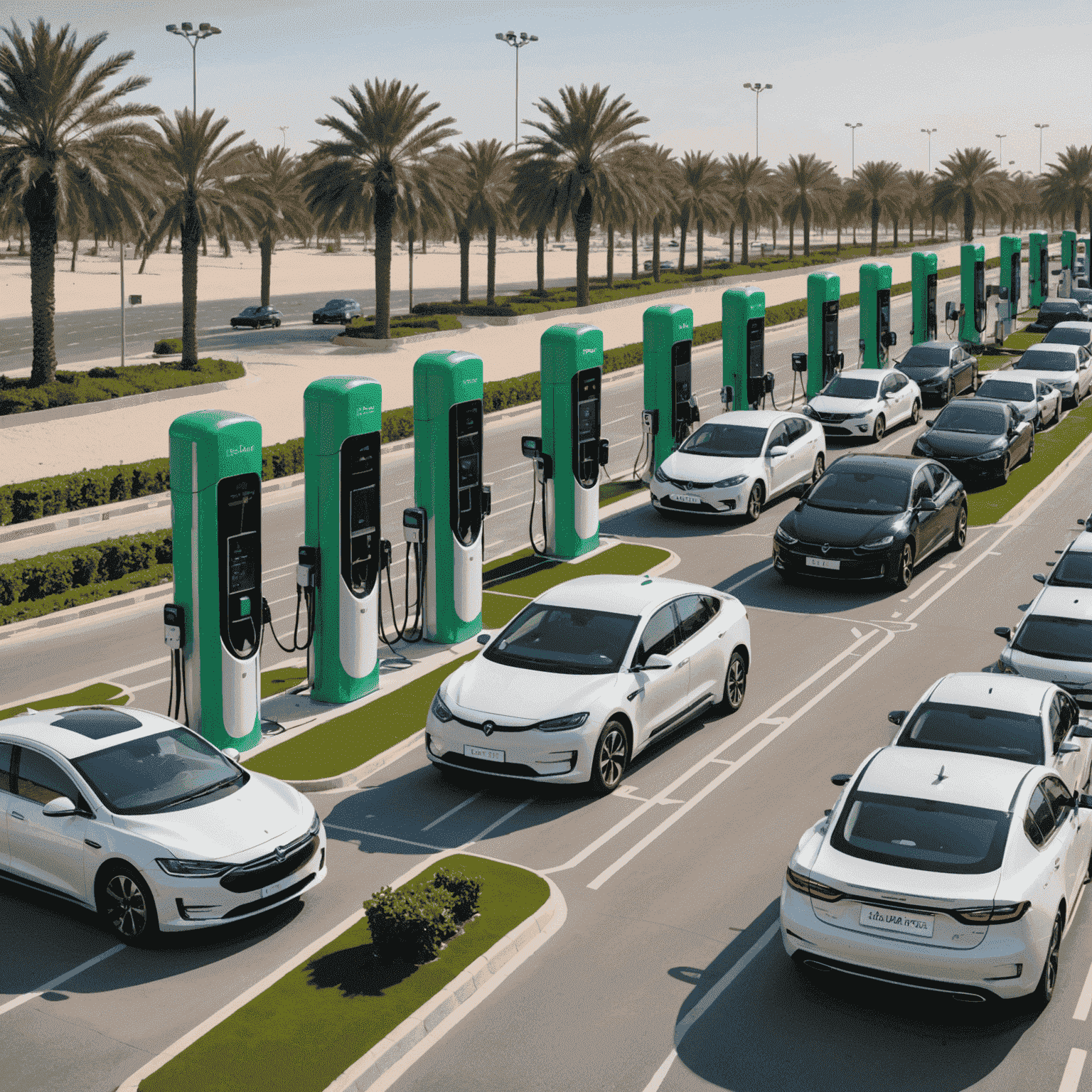 A network of modern EV charging stations across the UAE, showing various types of chargers and vehicles plugged in.