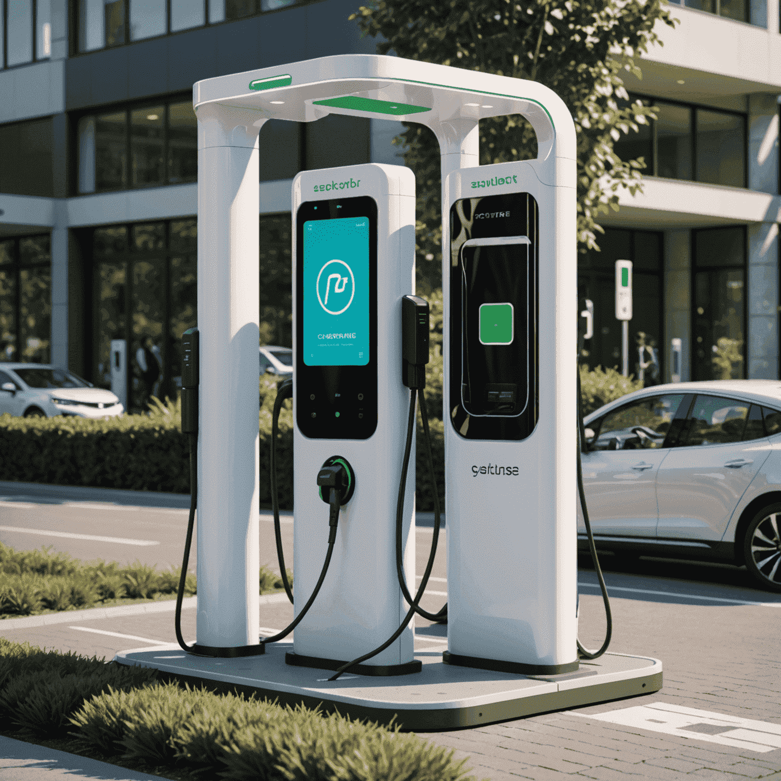 A fast charging station with multiple ports, showing a sleek design and Recharge Road branding. An electric vehicle is connected and charging rapidly.