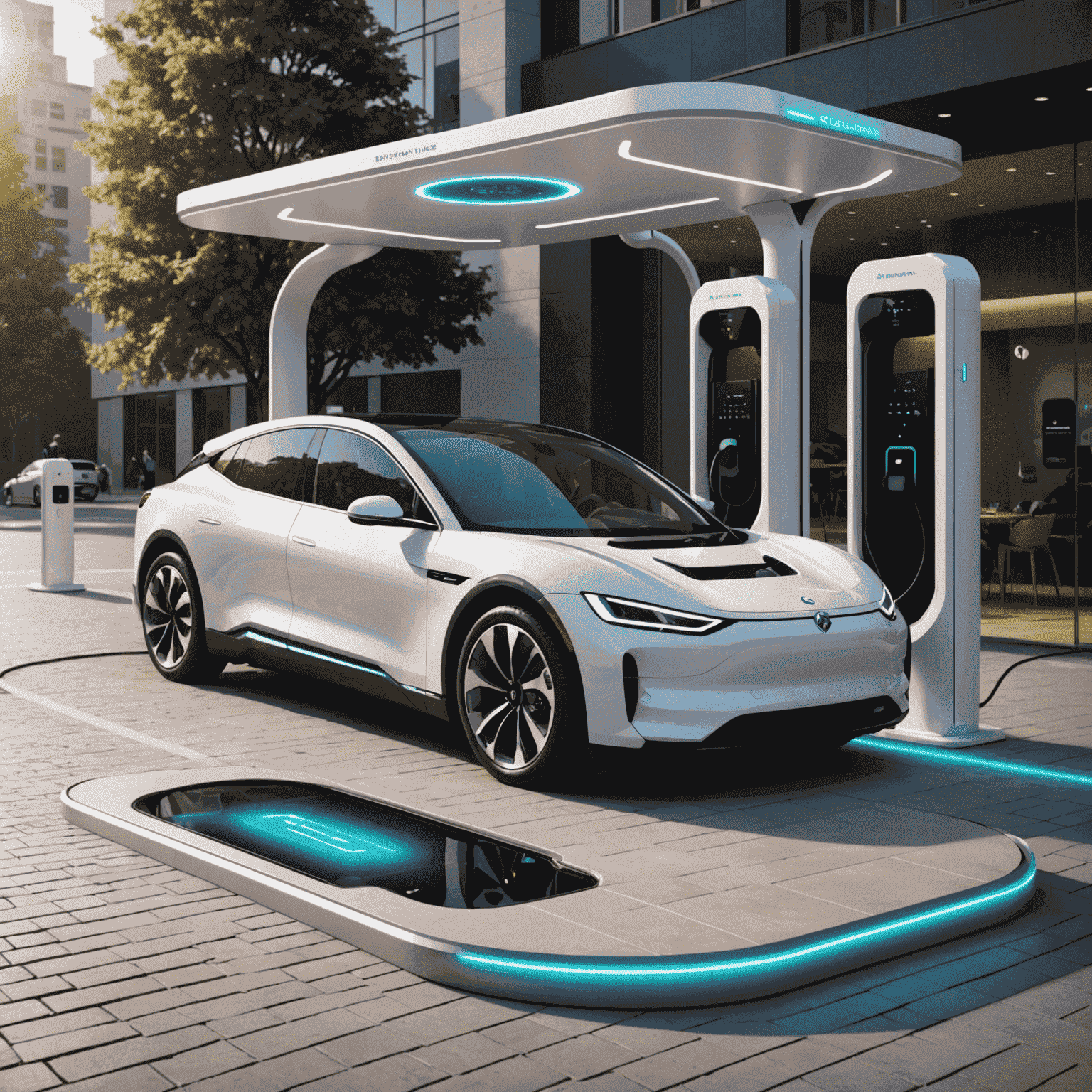 Futuristic EV charging station with advanced features like wireless charging pads and ultra-fast charging capabilities