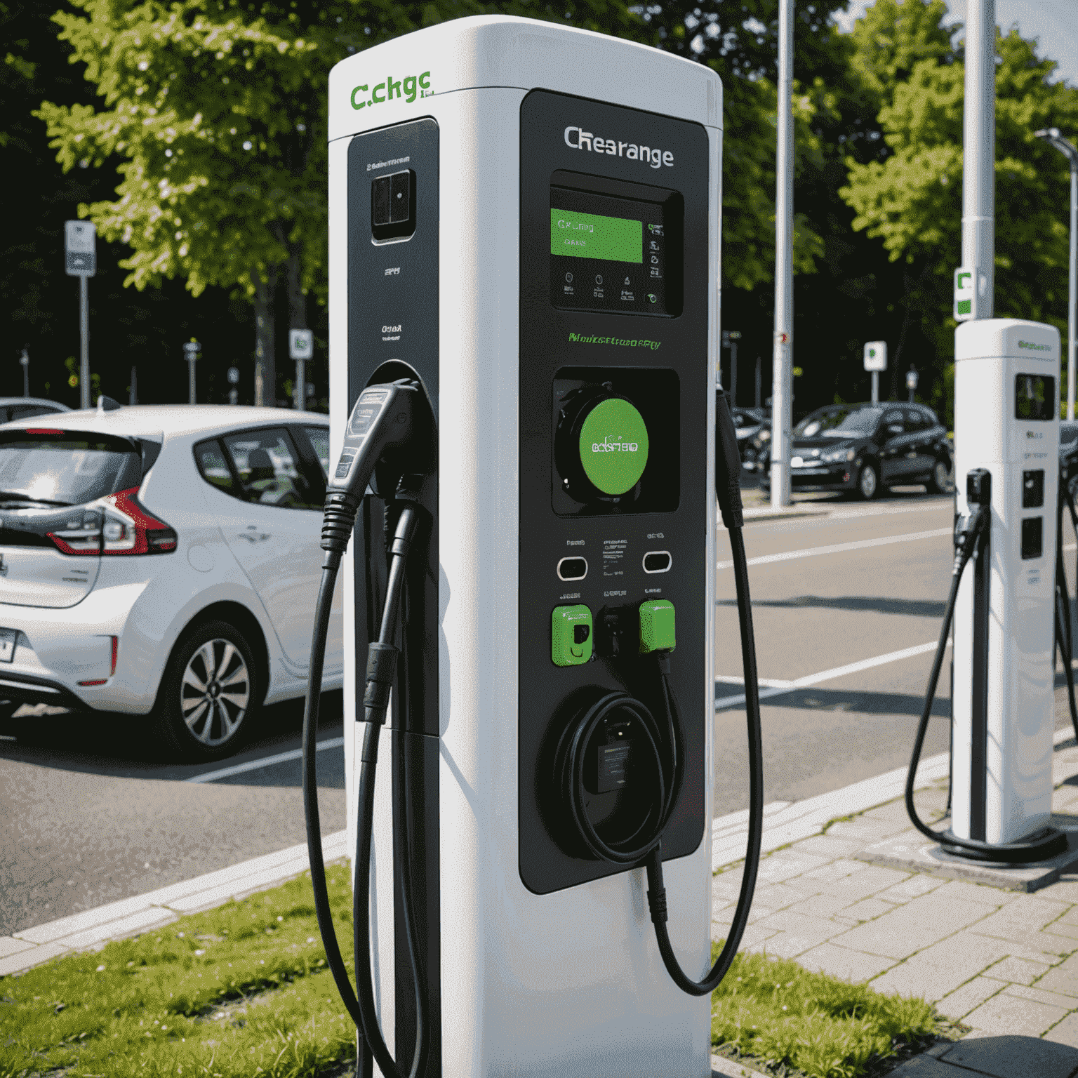 Close-up of a Recharge Road charging station showing various connector types including CCS, CHAdeMO, and Type 2, catering to different EV models.